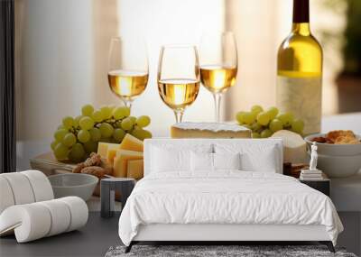 Cheese plate with cheeses and glasses with white wine on white table Wall mural