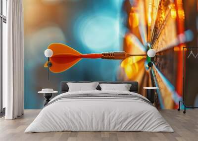 Closeup of an orange dart hitting the bullseye on a blurred background, in the concept of business success. Wall mural