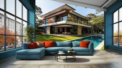 Modern luxury house with large windows, garden, and swimming pool surrounded by trees Wall mural