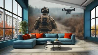 Soldier operating drone in combat zone Wall mural