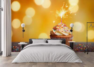 Tasty cupcake with candle and confetti Wall mural