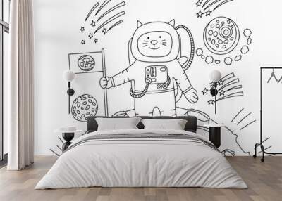 coloring book with astronaut cat, vector illustration Wall mural