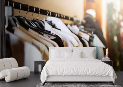 clothes hang on a shelf in clothes store. clothes for women hanging on hangers in home closet or sho Wall mural