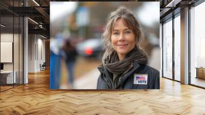 A closeup portrait of an attractive, smiling 60s woman wearing casual attire during 2024 year elections . She is casting a vote for President . She is looking directly into the camera, copy space. Wall mural