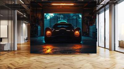 A dark room with the garage door open and silhouette of car . Wall mural