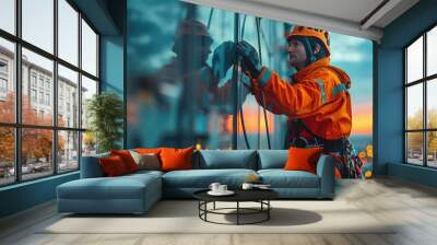 A man in an orange safety suit and helmet climbing a skyscraper with ropes, cleaning windows service. Wall mural