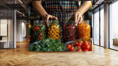 A person is making vegetable pickles in glass jars, hands closeup, various vegetables and herbs on the table . Wall mural