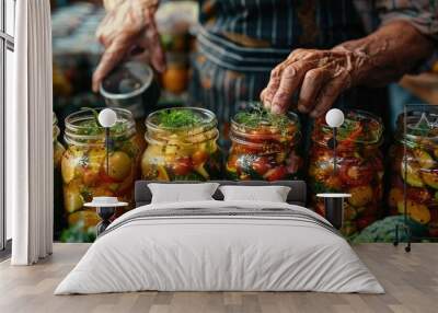 A person is pickling vegetables in glass jars, with colorful leaves and fresh herbs around the jars. The hands of an elderly man or woman place green zucchini into one jar. Wall mural