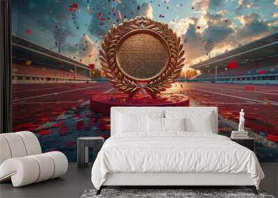 A podium with gold Olympic medal and laurel wreaths on open stadium Wall mural