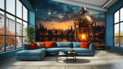 an islamic crescent and lantern with stars. Wall mural