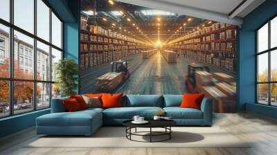 blurred busy warehouse workers moving boxes with a forklift and truck in the background inside an industrial building with high ceilings and many storage shelves Wall mural