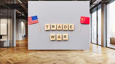 Creative top view flat lay of China and USA flags, mockup and copy space on gray background in minimal style. Concept of trade war between USA and China Wall mural