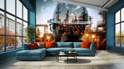 Double exposure of engineer in safety helmet with oil plant. Generative AI Wall mural