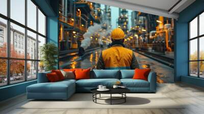 employee wearing yellow helmet and vest, industrial worker in oil processing plant, technical ambiance. Wall mural