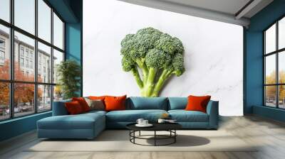 Fresh broccoli lying on white marble background. Flat lay. Food concept. Top view, overhead, place for text Wall mural