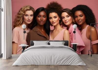 Group of diverse women with natural beauty on pink background Wall mural