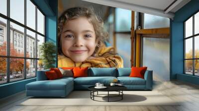 happy kids riding inside school bus with positive emotions. Wall mural