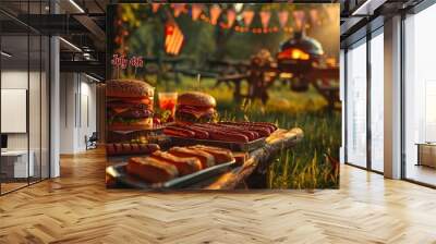 hot dogs and burgers on table with blurred background of summer outdoor barbecue, happy July 4th with American flags Wall mural