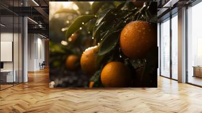 Orange trees plantation. Water drops on oranges. Generative AI Wall mural