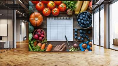 Overhead top view of fresh fruits and vegetables on wooden table with blank of paper for meal plan. Wall mural