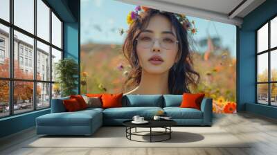 portrait of asian woman wearing floral wreath on head at summer day outdoor Wall mural