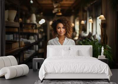 Portrait of small business black woman owner in clothing store Wall mural