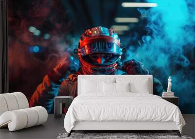 race driver holding the trophy on blue background. Wall mural