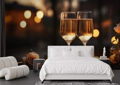 Two glasses of champagne , red rose for romantic atmosphere in restaurant Wall mural