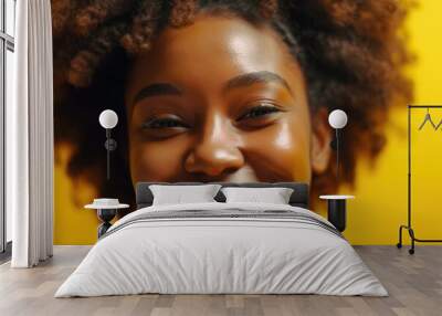 Young black woman with smiley face on yellow background. Generative ai Wall mural