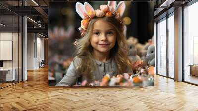 young girl wearing bunny ears and easter eggs at the table. Wall mural