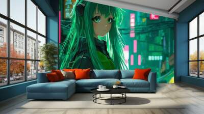 anime girl with green hair and eyes in night cyberpunk city Wall mural