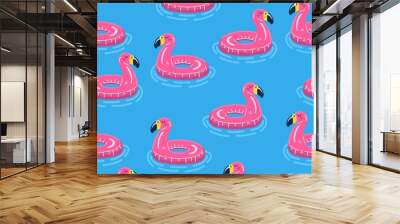 Iinflatable swimming ring seamless pattern. Pink flamingo in water. Cartoon vector illustration Wall mural