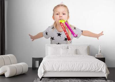 happy little girl with gift box and birthday cone super happy and smiley on white background with copy space  Wall mural