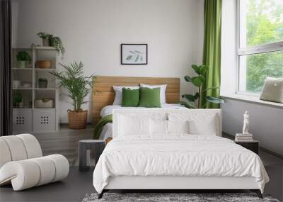 modern bedroom with white walls, green plants and olive green colors and  with frame for photo or poster.  Wall mural