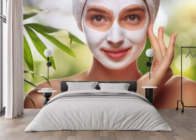 woman with facial mask. cosmetology procedure for skincare close up against green plants. natural cosmetics  Wall mural