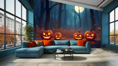 Halloween pumpkins on wood. Bokeh photo of halloween scary pumpkins. Halloween background at night forest with moon, autumn colors. Wall mural