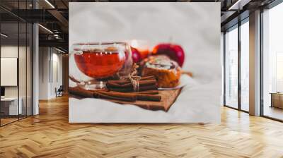 tray at home with autumn drinks and pastries with cinnamon and apples Wall mural