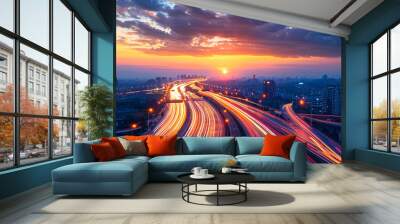 Abstract light trails background, multicolored traffic lines in big city. Wall mural