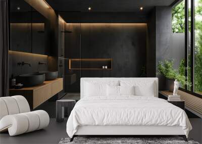 contemporary modern bathroom interior in dark black colors, concrete and wooden elements. Wall mural