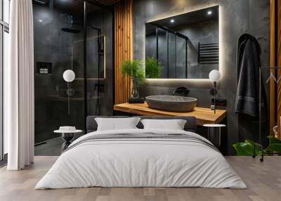 Contemporary modern bathroom interior in dark black colors, concrete and wooden elements. Wall mural