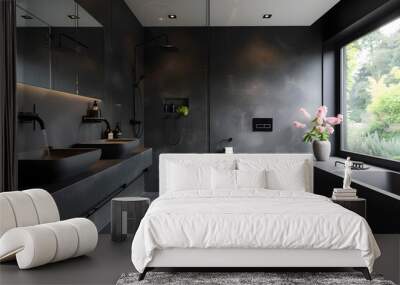 contemporary modern bathroom interior in dark black colors and concrete elements. Wall mural