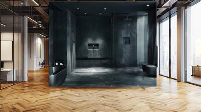 contemporary modern bathroom interior in dark black colors and concrete elements. Wall mural