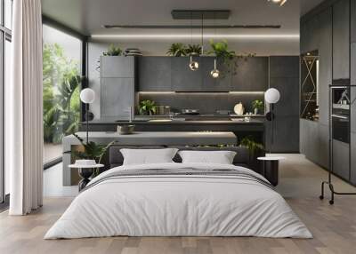 Contemporary modern kitchen interior in in grey concrete with green house plants. Wall mural