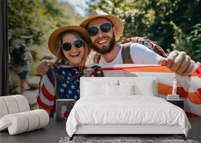 Excited happy multiracial friends different ethnicities and skin colors with American USA Flag celebrating 4 july at New York streets at summer sunny day Wall mural