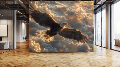 Flying eagle with American flag and fireworks on background, 4 July Independence Day celebration. Wall mural