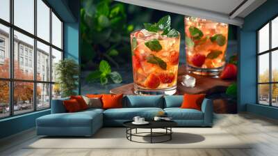 Fresh summer drinks cocktails with berries, fruits, ice and frost on glasses. Vacation open beach bar concept. Wall mural