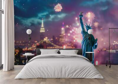 New York Manhattan panorama with Liberty Statue and America USA flag, vanilla sky lots of fireworks at sunset. 4 July Independence Day celebration Wall mural