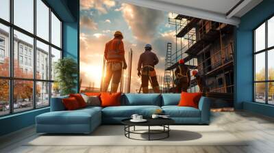 Team of the construction workers works on foundation of contemporary house. Wall mural