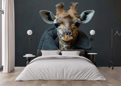 Adorably Quirky Giraffe Donning Cozy Attire Against Dark Background Banner Wall mural