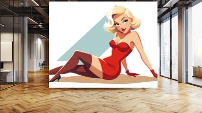 Beautiful lady with blond hair and in a beautiful dress.cartoon, frisky bombshell, alluring, legs, simple white background Wall mural